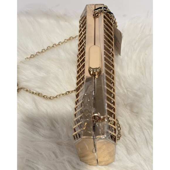 Zara Limited Edition Rhinestones Metallic Golden Cage Style Box Clutch Bag Chain - Picture 9 of 14